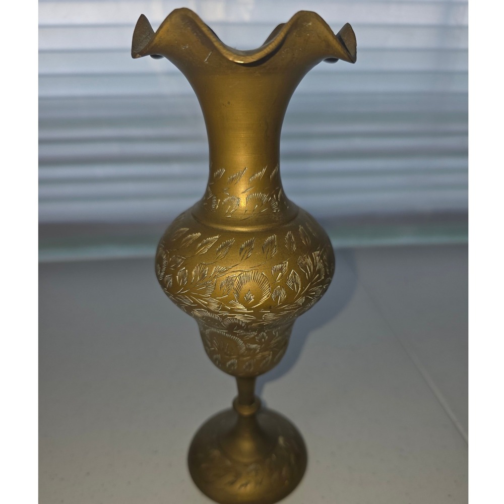 Vintage Etched Brass Vase Ruffled Rim Floral Pedestal India Boho Decor 10.5 Inch